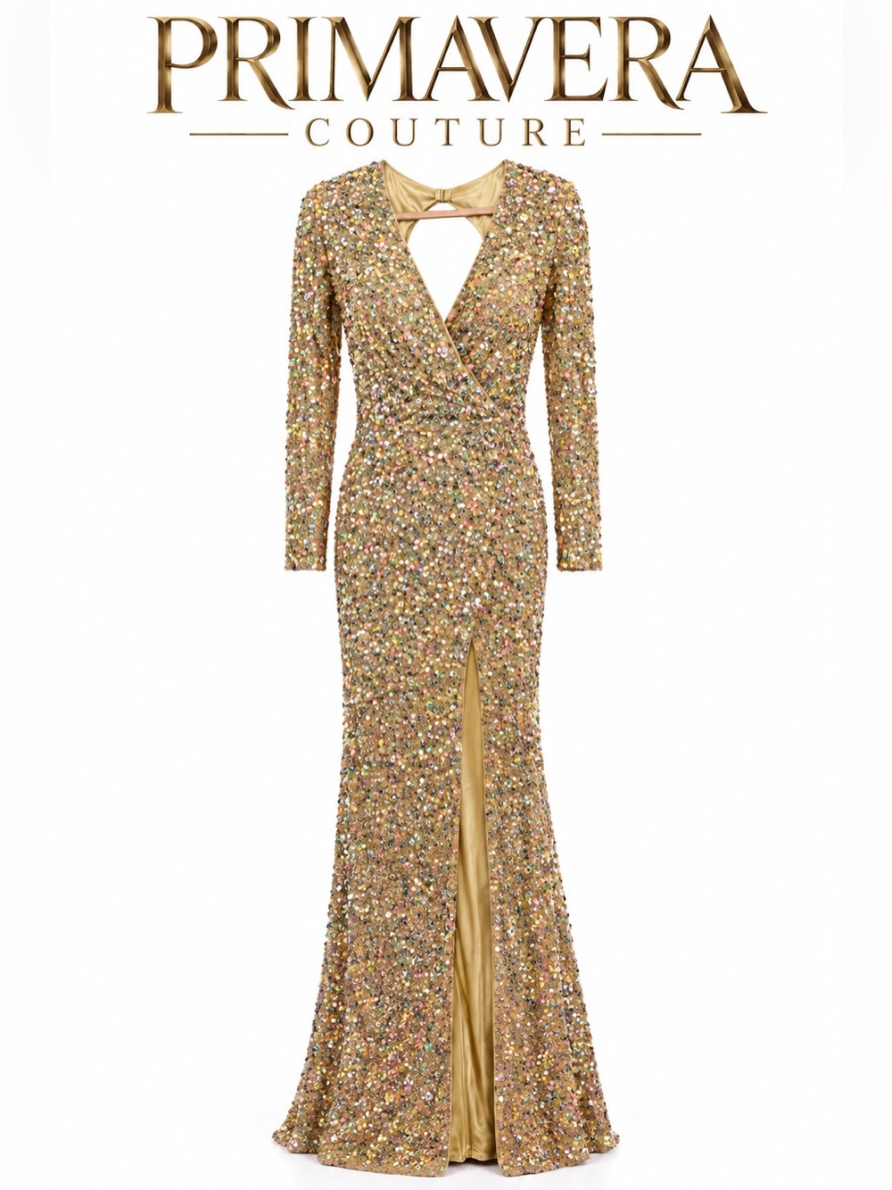 Primavera Courture Gold Sequin Long Sleeve Evening Gown NWT
